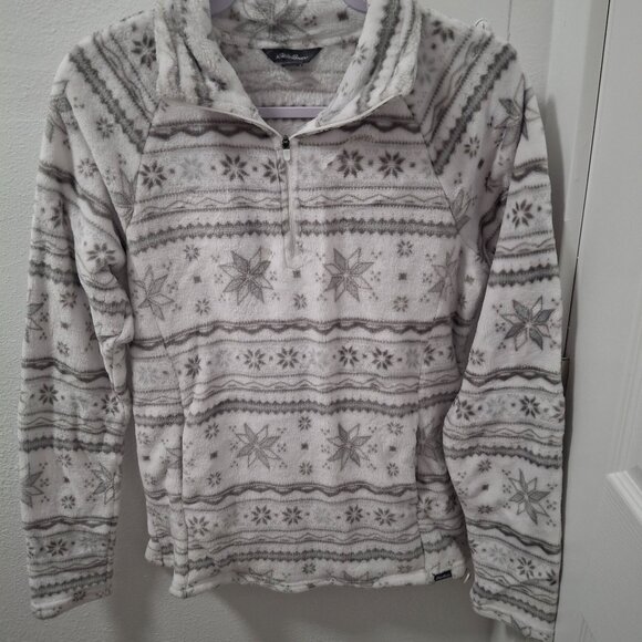 Eddie Bauer Womens Fleece Pullover M Snowflake Pattern Half-Zip Kangaroo Pocket - Picture 1 of 9